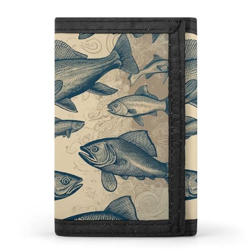 LYHVSFJW Dreifach gefaltete Geldbörse mit 8 Kartenfächern, schlankes Münzfach mit Reißverschluss, geteilte Geldscheine für Männer und Frauen, Verschiedene Fische im Vintage-Stil, Einheitsgröße, Modern von LYHVSFJW