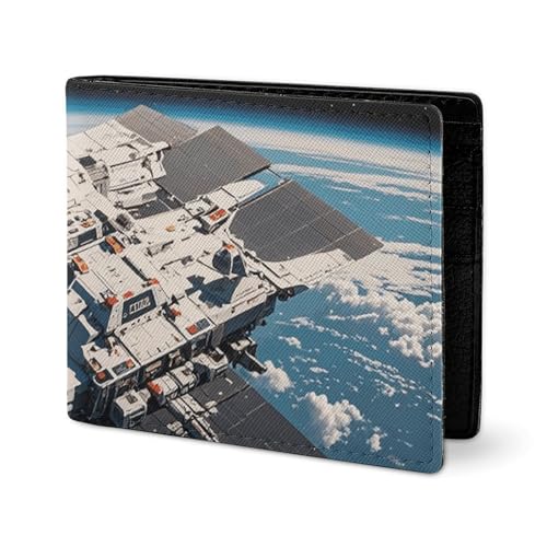 LYHVSFJW Edle Herren Geldbörse Leder Geldbörse Portemonnaie Geldbeutel Slim Slim mit Arizona Flagge Kartenhalter, Motiv Raumschiff, Marineblau, one size von LYHVSFJW