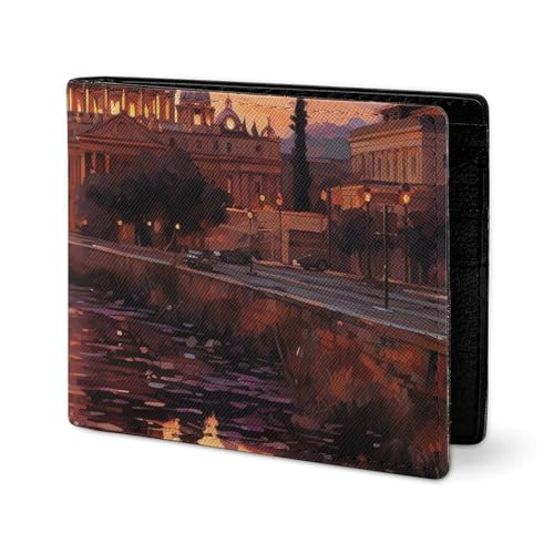 LYHVSFJW Elegante Herren Ledergeldbörse für Damen - Schlank und dünn - Zuckerschädel und rote Rosen - Kartenhalter mit zwei Klappen, Rome Sunset, one size von LYHVSFJW