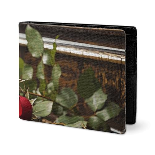 LYHVSFJW Elegante Herren Ledergeldbörse für Damen - Schlank und dünn - Zuckerschädel und rote Rosen - Kartenhalter mit zwei Klappen, Rosarot auf Klavier, one size von LYHVSFJW