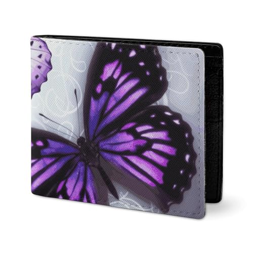 LYHVSFJW Elegante Herren Ledergeldbörse für Damen - Schlank und dünn - Zuckerschädel und rote Rosen - Kartenhalter mit zwei Klappen, Weiße und violette Schmetterlinge, one size von LYHVSFJW
