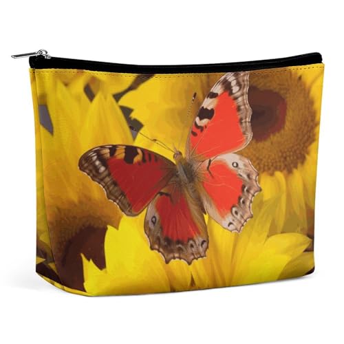 LYHVSFJW Kosmetiktasche, Make-up-Tasche für Damen, tragbare Make-up-Tasche, Feuer-Fußball-Make-up-Koffer, Reise-Kulturbeutel für Reisezubehör, Gelbe Sonnenblumen mit rotem Schmetterling, Einheitsgröße von LYHVSFJW