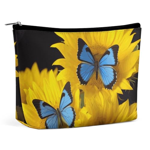LYHVSFJW Kosmetiktasche, Make-up-Tasche für Damen, tragbare Make-up-Tasche, blauer Hai, Reise-Kulturbeutel für Reisezubehör, Gelbe Sonnenblumen mit blauen Schmetterlingen, Einheitsgröße LYHVSFJW Kosmetiktasche, Make-up-Tasche für Damen, tragbare Make-up-Tasche, blauer Hai, Reise-Kulturbeutel für Reisezubehör, Gelbe Sonnenblumen mit blauen Schmetterlingen, Einheitsgröße von LYHVSFJW