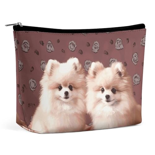 LYHVSFJW Kosmetiktasche, Make-up-Tasche für Damen, tragbare Make-up-Tasche, grüne Pfauenfedern, Make-up-Kulturbeutel für Reisezubehör, Zwergspitz Welpen und Spitze, Einheitsgröße von LYHVSFJW