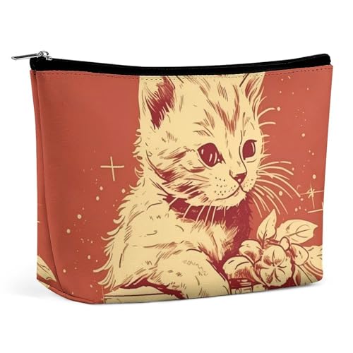 LYHVSFJW Kosmetiktasche, Make-up-Tasche für Damen, tragbare Make-up-Tasche mit Kirschmuster, Reise-Kulturbeutel für Reisezubehör, Katze liegend auf der Box, Einheitsgröße von LYHVSFJW