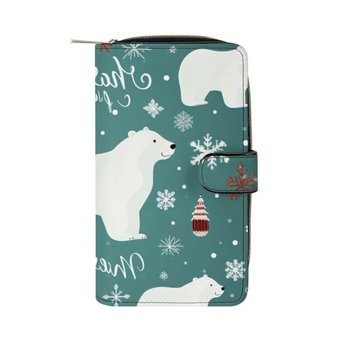 LYHVSFJW Lange Geldbörse für Damen, Ledergeldbörse für Herren, großes Fassungsvermögen, Handgelenk-Geldbörsen mit 12 Kartenfächern, bunte Rose mit Wasserwechsel-Geldbörse, Weihnachtlicher Eisbär, von LYHVSFJW