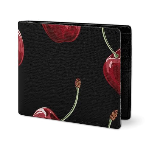 LYHVSFJW Leder Geldbörse Herren Portemonnaie Portemonnaie Elegante Geldbörse Damen Slim Dünn Pfirsich Braun Portemonnaie Zweifach Portemonnaie mit Kartenhalter, Motiv Kirschen, one size von LYHVSFJW