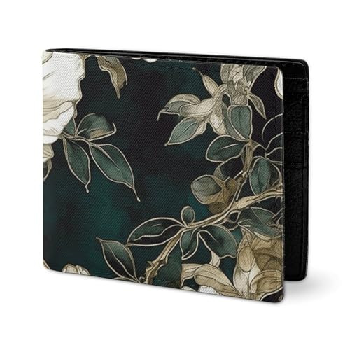 LYHVSFJW Leder Geldbörse Herren Portemonnaie Portemonnaie Elegante Geldbörse Damen Slim Dünn Pfirsich Braun Portemonnaie Zweifach Portemonnaie mit Kartenhalter, Weiße Blumen, one size von LYHVSFJW