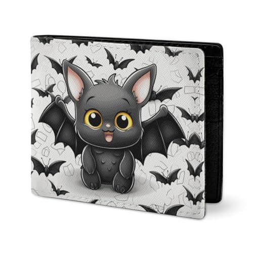 LYHVSFJW Ledergeldbörse für Herren, Halloween, Kürbis, Hexe, stilvolle kleine Münzbörse für Damen, schlanke und dünne Bifold Wallet mit Fach Kartenhalter, Niedlicher Fledermaus, Einheitsgröße von LYHVSFJW