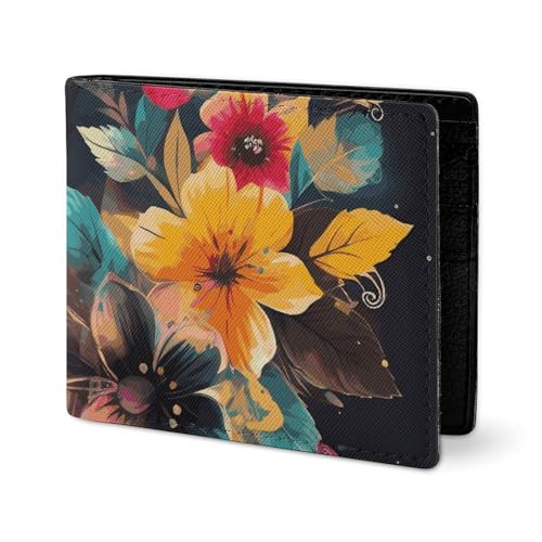 LYHVSFJW Ledergeldbörse für Herren, roter Panda, stilvolle kleine Münzgeldbörse für Damen, schlanke und dünne Bifold Geldbörse mit Fach Kartenhalter, Mehrfarbiges Blumenmuster, Einheitsgröße von LYHVSFJW