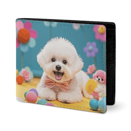 LYHVSFJW Ledergeldbörse für Herren, stilvolle Münzbörse für Damen, schlank und dünn, niedlicher Tierkopf, Bifold Wallet Kartenhalter, Süßer Bichon Frisé-Hund, Einheitsgröße von LYHVSFJW