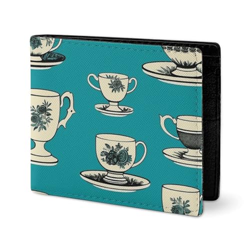 LYHVSFJW Ledergeldbörse für Herren, stilvolle Münzbörse für Damen, schlank und dünn, senfgelb und braun, Bifold Wallet Kartenhalter, Teetasse im Retro-Stil, Einheitsgröße von LYHVSFJW