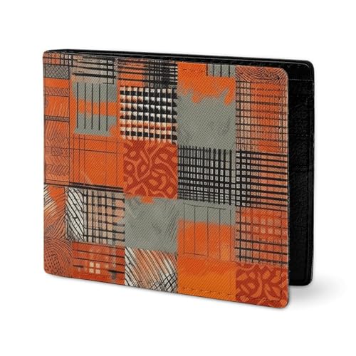 LYHVSFJW Ledergeldbörse für Herren, stilvolle Münzbörse für Damen, schlanke und dünne lineare Textur, Beige, Bifold Wallet Kartenhalter, Orangefarbene Gitterlinien, Einheitsgröße von LYHVSFJW