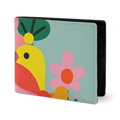 LYHVSFJW Ledergeldbörse für Herren, stilvolle Münzgeldbörse für Damen, schlank und dünn, niedliches glückliches Tier, Bifold Wallet Kartenhalter, Bunte Blumen und Vögel, Einheitsgröße von LYHVSFJW