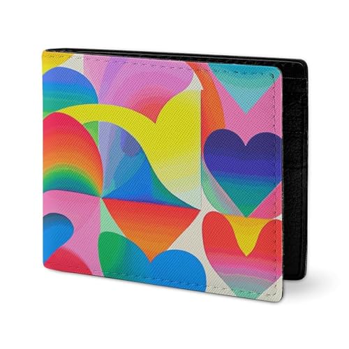 LYHVSFJW Ledergeldbörse für Herren, stilvolle Münzgeldbörse für Damen, schlank und dünn, niedliches glückliches Tier, Bifold Wallet Kartenhalter, Regenbogen-Herzmuster, Einheitsgröße von LYHVSFJW