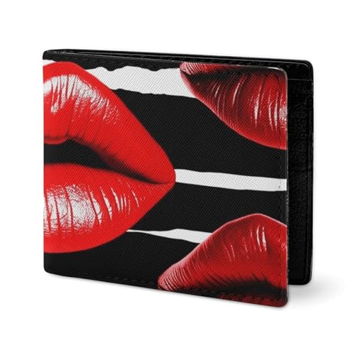 LYHVSFJW Ledergeldbörse für Herren, stilvolle Münzgeldbörse für Damen, schlanke und dünne Musikgitarre, Bifold Wallet Kartenhalter, Rote Lippen Kuss, Einheitsgröße von LYHVSFJW