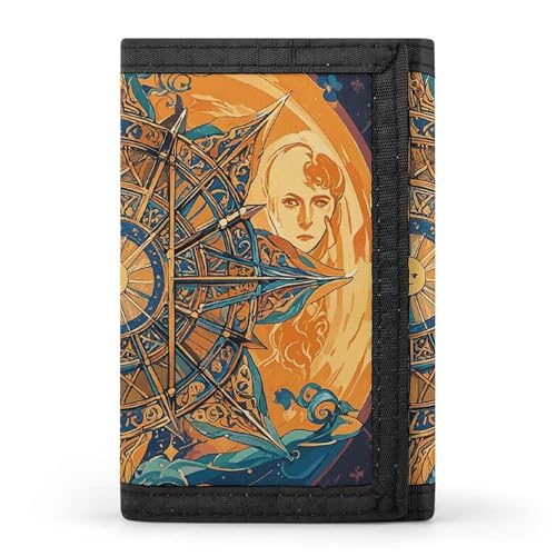 LYHVSFJW Mystic Tarotkarten-Geldbörse mit Sonne und Mond, dreifach gefaltet, mit 8 Kartenfächern, schlankes Münzfach mit Reißverschluss, geteilte Geldscheine für Männer und Frauen, Mystic Tarotkarte von LYHVSFJW