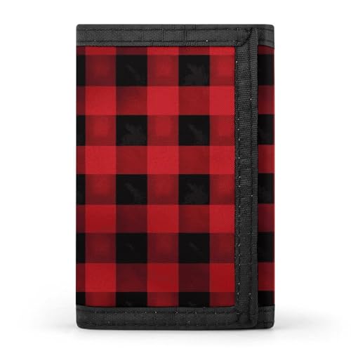 LYHVSFJW Rot-schwarzes Büffelkaromuster dreifach gefaltete Geldbörse mit 8 Kartenfächern, schmales Münzfach mit Reißverschluss, geteilte Geldscheine für Männer und Frauen, Karomuster in Rot und von LYHVSFJW