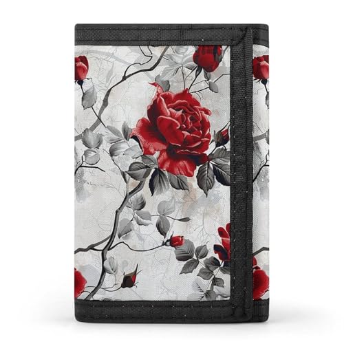 LYHVSFJW Smooth Round Rock TriFold Wallet with 8 Card Slots, Slim Zipper Coin Pocket, Divided Billfold for Men Women, Rotes Blumen-Rosen-Design, Einheitsgröße, Modern von LYHVSFJW