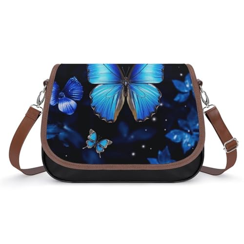 Purple Love Crossbody-Tasche für Damen, Lederhandtaschen, Reise-Geldbörsen, Schultertaschen, Tragetasche für den täglichen Gebrauch, blau mit schmetterlingen, Einheitsgröße, Blumen und Tiere von LYHVSFJW