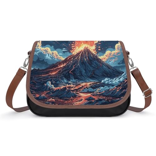 Umhängetasche mit orangefarbenen und grauen Blättern für Damen, Lederhandtaschen, Reise-Geldbörsen, Schultertaschen, Tragetasche für den täglichen Gebrauch, Zeigt einen Vulkan, Einheitsgröße Umhängetasche mit orangefarbenen und grauen Blättern für Damen, Lederhandtaschen, Reise-Geldbörsen, Schultertaschen, Tragetasche für den täglichen Gebrauch, Zeigt einen Vulkan, Einheitsgröße von LYHVSFJW