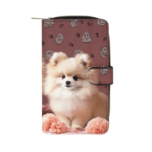 LYHVSFZQ Geldbörse für Herren, Münzgeldbörse, Kartenetui mit Reißverschluss, Zwergspitz, Welpen und Punkt-bedruckte Geldbörse für den täglichen Gebrauch und Urlaubsgeschenke, Stil, 19,7 x 11 x 3,5 cm von LYHVSFZQ