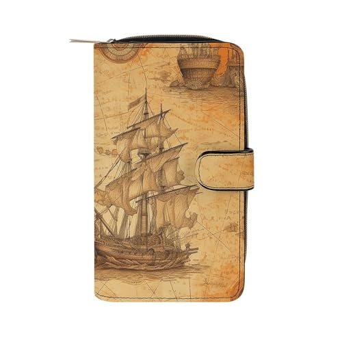 LYHVSFZQ Geldbörse für Herren Geldbörse Kartenhalter mit Reißverschluss Schiff und Kompass bedruckte Geldbörse für den täglichen Gebrauch und Urlaubsgeschenke, Stil, 19.7 x 11 x 3.5 cm, Stil von LYHVSFZQ