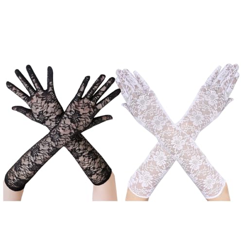 LYITZW 2 Paar Lange Spitzen Handschuhe für Damen Vintage Spitzen Brauthandschuhe für Hochzeit Oper Damen Accessoires,Handschuhe Damen Braut Hochzeit Abend Party Kostüm Zubehör(Schwarz und weiß) von LYITZW