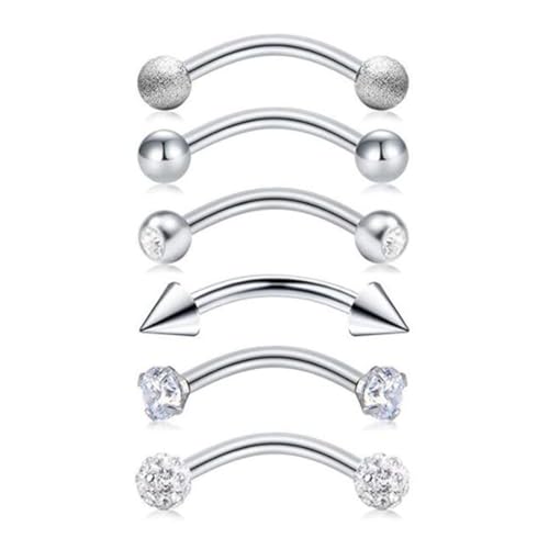 LYITZW 6 Stück Piercing Augenbrauen 8mm, Piercing Curved Barbell, Rook Piercing Ohr, Piercing Schmuck, Rook Piercing Herz Mond Schmetterling Blume, Piercing Stecker für Damen Herren von LYITZW