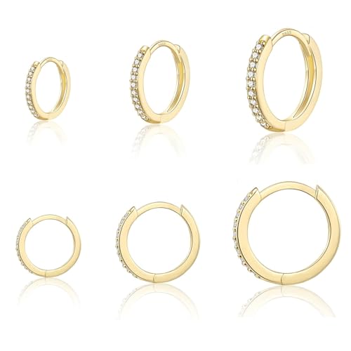 3 Paar Ohrringe Creolen Silber 925 Set, Creolen Gold mit Zirkonia, Ohrringe Gold Creolen für Damen, Creolen Gold Klein für Damen Herren Mädchen Vergoldeter Schmuck (8mm/10mm/12mm) von LYJOW