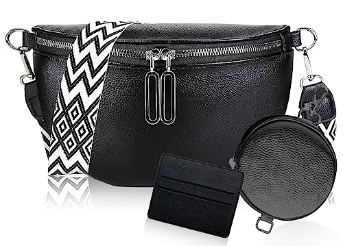 Bauchtasche Damen Leder Breiter Gurt Crossbody Bag Damen Bauchtasche Damen Stylisch Leder Bauchtasche Mit Breitem Gurt Crossover Bag Damen Schwarz Crossbag Damen Groß Bodybag Damen Elegant von LYJOW