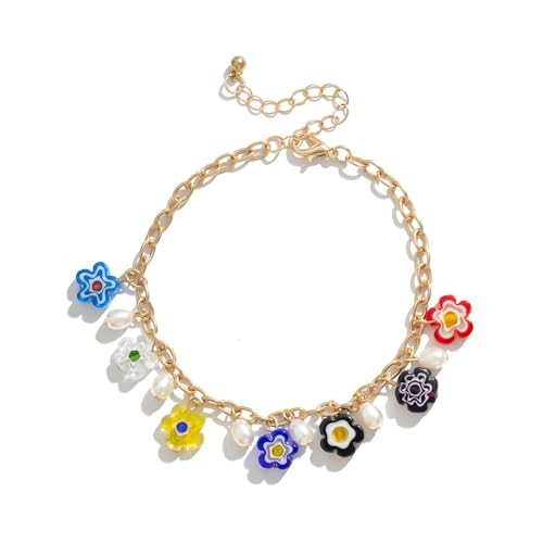LYNEST Ornamente einfache Kette Farbe zufällige Füße Ornamente ethnischen Stil Gänseblümchen Imitation Perlenfransen Fußkettchen Frauen Jubiläum Muttertag Weihnachten Halloween Geburtstagsgeschenk von LYNEST