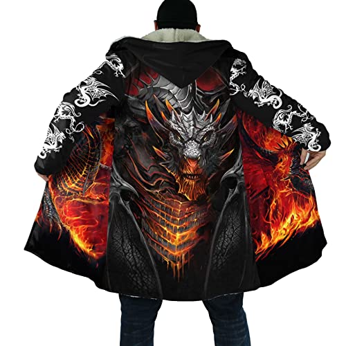 LYNNB Kapuzenjacke Herren Winterjacke Gotisch dunkler Stil Flamme Drachen Totem 3D Drucken Langarm Freizeitjacke Mittel und lang Windbreaker Sherpa Fleece Coat Verdicken Warm halten Mantel Outdoor_L von LYNNB