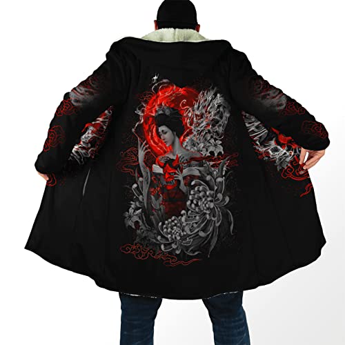 LYNNB Kapuzenjacke Herren Winterjacke Japan Mythos Krieger Geistermaske Geisha 3D Drucken Langarm Freizeitjacke Mittel und lang Windbreaker Sherpa Fleece Coat Verdicken Warm halten Mantel_4XL von LYNNB