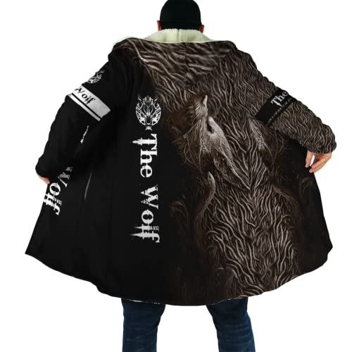 Trenchcoat mit Kapuze Umhang Wikinger keltischer Knoten Krähe Wolf Fenrir Odin 3D Mantel aus Sherpa Fleece Im Winter verdicken um warm und winddicht zu bleiben Outdoor Kleidung Für Männer Frauen_XL von LYNNB