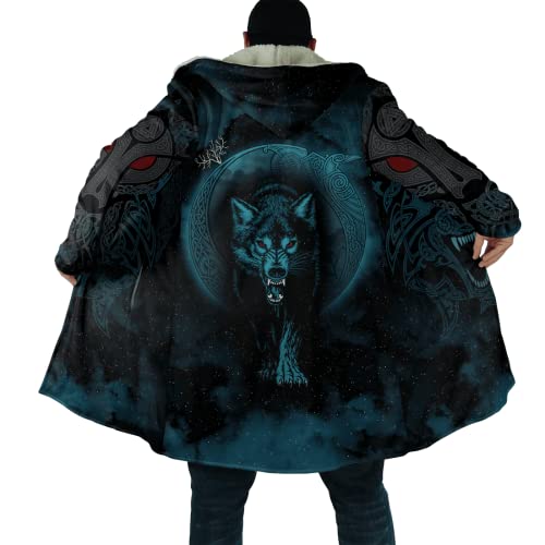 Trenchcoat mit Kapuze Umhang Wikinger keltischer Knoten Krähe Wolf Fenrir Odin 3D Mantel aus Sherpa Fleece Im Winter verdicken um warm und winddicht zu bleiben Outdoor Kleidung Für Männer Frauen_L von LYNNB