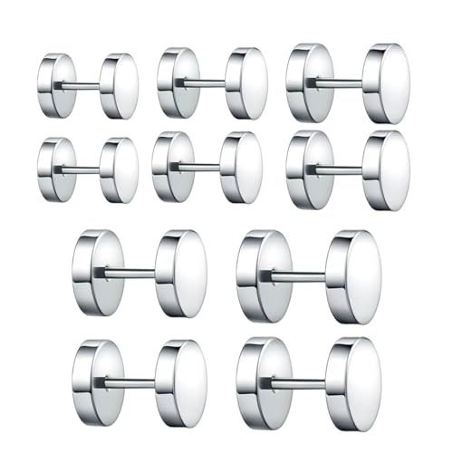 LYQNIHOB Herren Fake-Plug-Set, 5 Paar edelstahlversilberte Ohrringe mit Schraubverschluss für ein Fake-Tunnel-Ohrlochpiercing in Größen von 6-12mm, Nickelfrei und für Männer, Jungen und Damen geeignet von LYQNIHOB