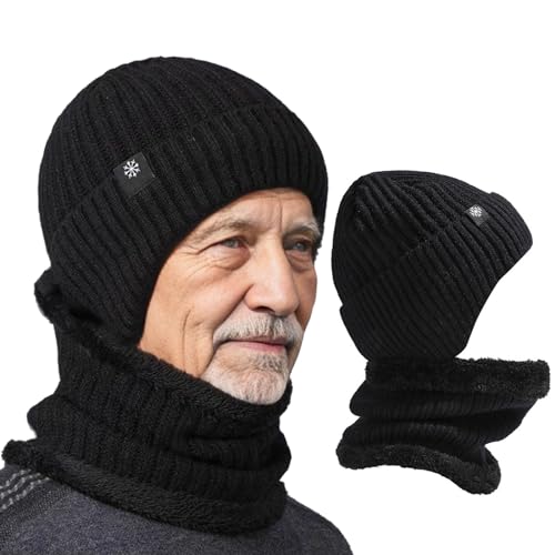 LYQQY Wintermütze Herren Schal Set, Strickmütze Winterschal Gehörschutz, Winddicht mit Dicke Fleecefutter Strickmütze Halswärmer Fleecefutter Knit Skull Cap für Gehen, Skifahren, Laufen von LYQQY