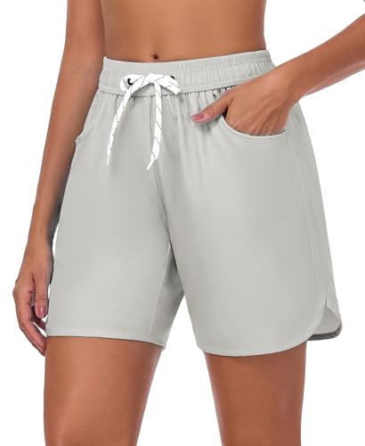 LYRIKER 6" High Waist Badeshorts Damen Lang Badehose mit Bein Bauchweg Schwimmhose mit Tasche Baderock Schwimmshorts Grau M von LYRIKER