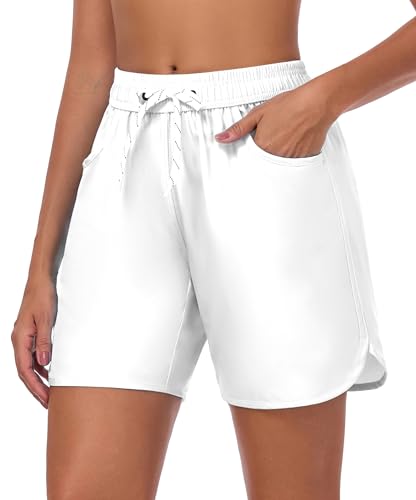 LYRIKER 6" High Waist Badeshorts Damen Lang Badehose mit Bein Sommer Bikini Shorts Frauen Trunks Schwimmhose Weiß M von LYRIKER