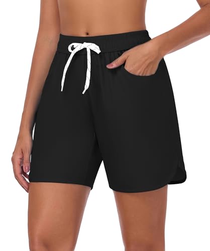 LYRIKER 6" Badeshorts Damen, High Waist Wasserabweisend Badehose, Quick Dry Schwimmhose mit Taschen Bikini Shorts Schwarz XXL von LYRIKER