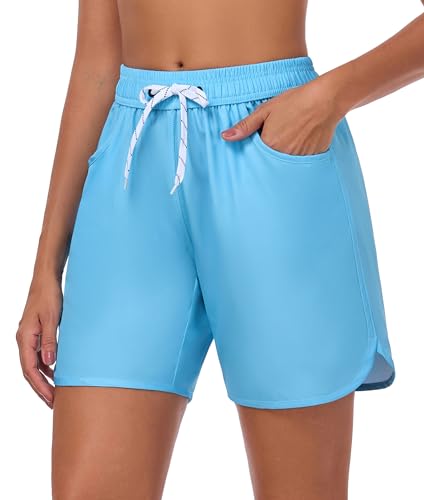 LYRIKER 6" High Waist Badeshorts Damen Lang Badehose mit Bein Bauchweg Schwimmhose mit Tasche Baderock Schwimmshorts Hellblau M von LYRIKER