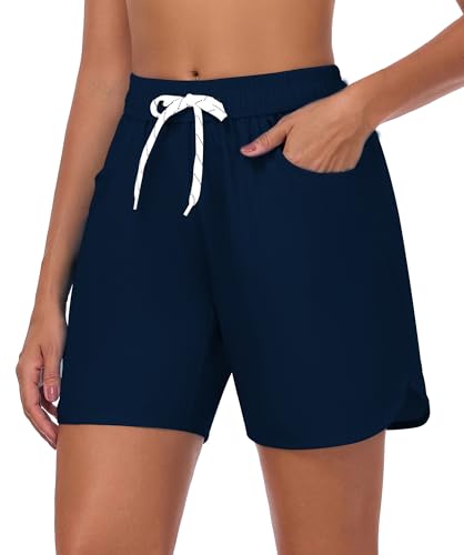 LYRIKER 6" High Waist Badeshorts Damen Lang Badehose mit Bein Bauchweg Schwimmhose mit Tasche Baderock Schwimmshorts Navy M von LYRIKER