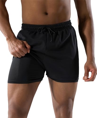 LYRIKER Badehose Herren 2 in 1 Badeshorts mit Kompression, Atmungsaktiv Schnelltrocknend Bademode Schwimmhose mit Tunnelzug Schwarz XL von LYRIKER
