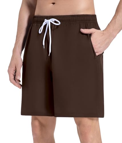 LYRIKER Badehose Herren Lang mit Taschen Reißverschluss Innenfutter, Wasserabweisend Knielang Männer Badeshorts Braunrot L von LYRIKER