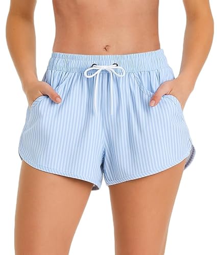 LYRIKER Badeshorts Damen Schnelltrocknend Frauen Badehose High Waist Schwimmhose mit Taschen Badebekleidung Baderock Swimming Shorts Blau Gestreift XS von LYRIKER