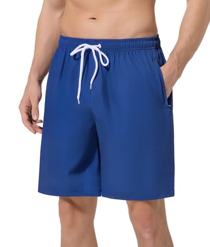 LYRIKER Herren Badeshorts Lang mit Reißverschlusstaschen & Meshfutter, Atmungsaktiv Wasserabweisend Herren Badehose Männer Elastische Trainingsshorts mit Tunnelzug Dunkelblau XL von LYRIKER