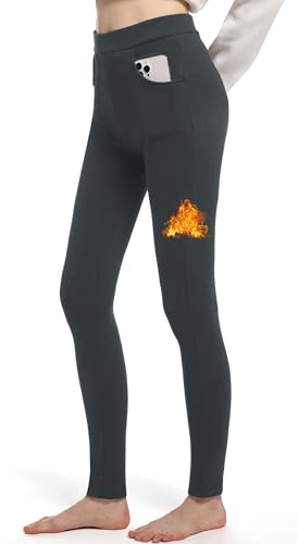 LYRIKER Thermo Leggings Gefüttert Damen Fleece Winterleggins aus Baumwolle Warme Thermoleggings mit Taschen Dunkelgrau XL-XXL von LYRIKER