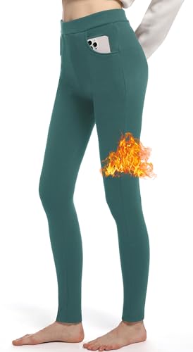 LYRIKER Thermo Leggings Gefüttert Damen Winter Fleece Thermoleggings aus Baumwolle Thermoleggins mit Taschen Minttürkis XL-XXL von LYRIKER