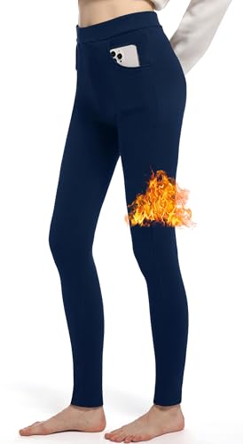 LYRIKER Thermo Leggings Gefüttert Damen Winter Fleece Thermoleggings aus Baumwolle Thermoleggins mit Taschen Navy XL-XXL von LYRIKER